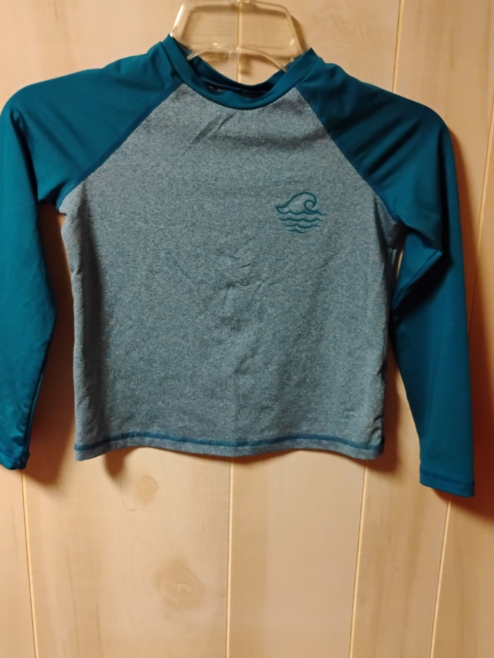 Kids Long Sleeve Teal Rash Guard Swim Top with Wave Logo